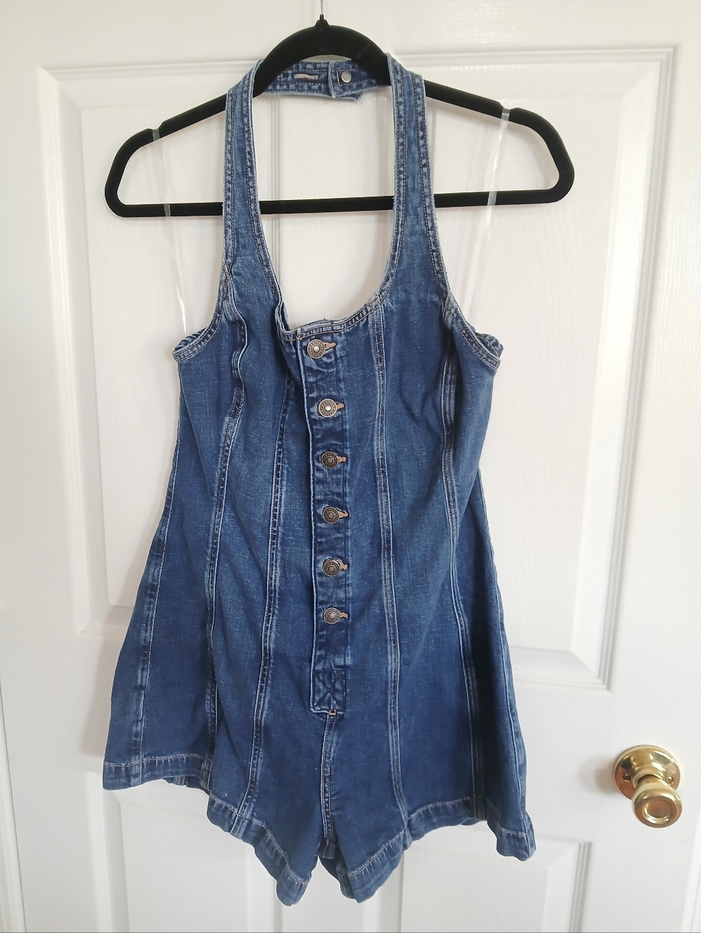 American Eagle Denim Button-Front Halter Romper in Dark Blue 70s Boho Western - Picture 2 of 9